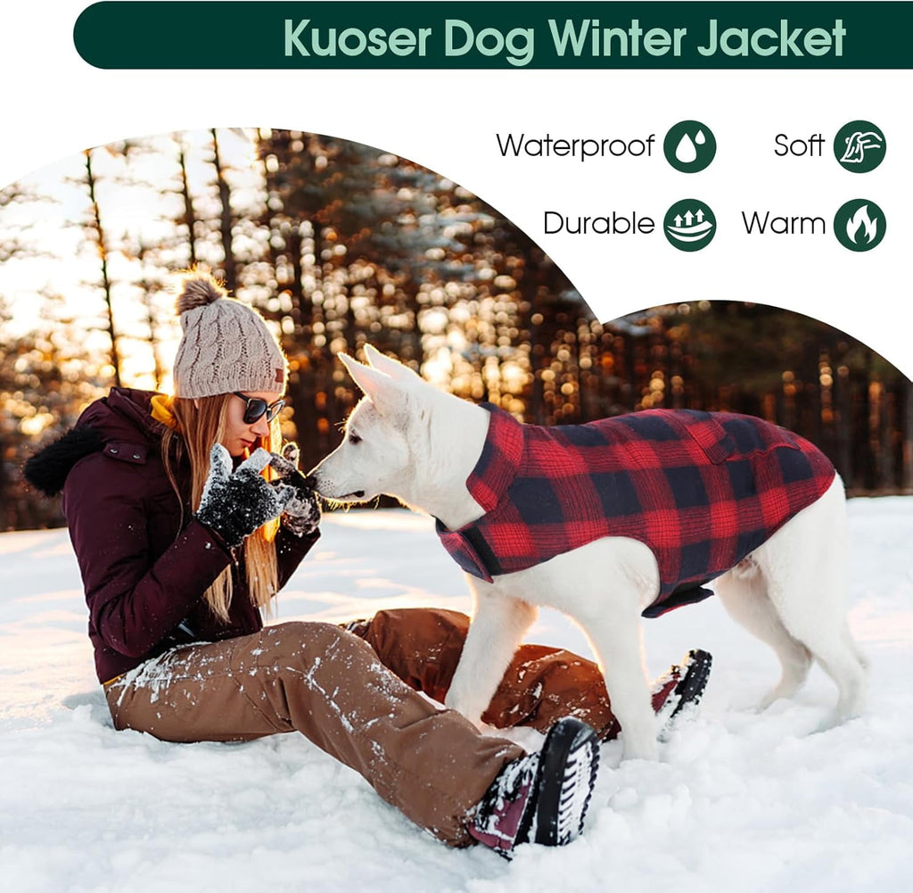 Kuoser Dog Winter Coat, Cozy Fleece Lining Dog Jacket Windproof Waterproof Pet Clothes with Pocket, Red, M