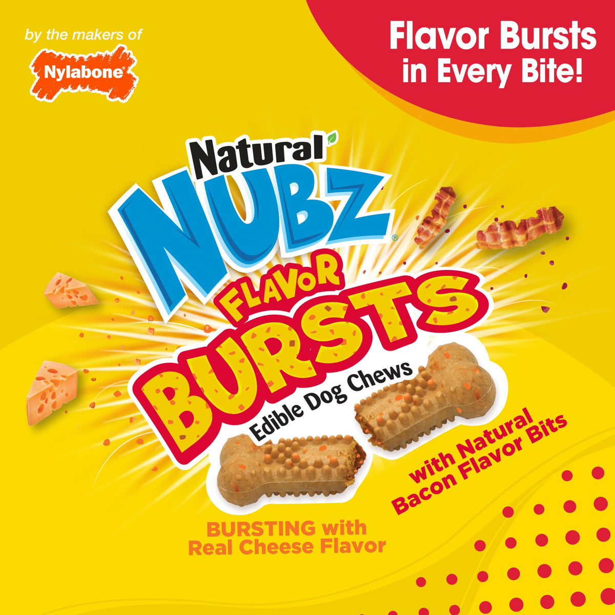 Nylabone Nubz Flavor Bursts Natural Dog Treats for Large Dogs, Bacon & Cheese Flavor Dog Bones, Large - 30+ lbs., 7 Count
