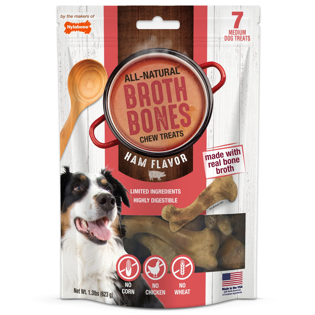 Nylabone Broth Bones Natural Dog Treats for Dogs, Bone Broth Dog Bones, Ham Flavor, For Large Dogs (1 Count)