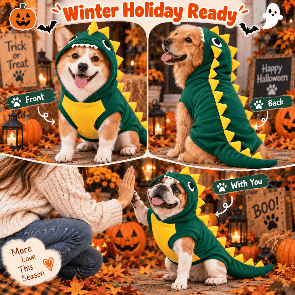 Kuoser Dog Dinosaur Halloween Costume, Funny Fleece Hoodie for Medium Dogs, Orange, M