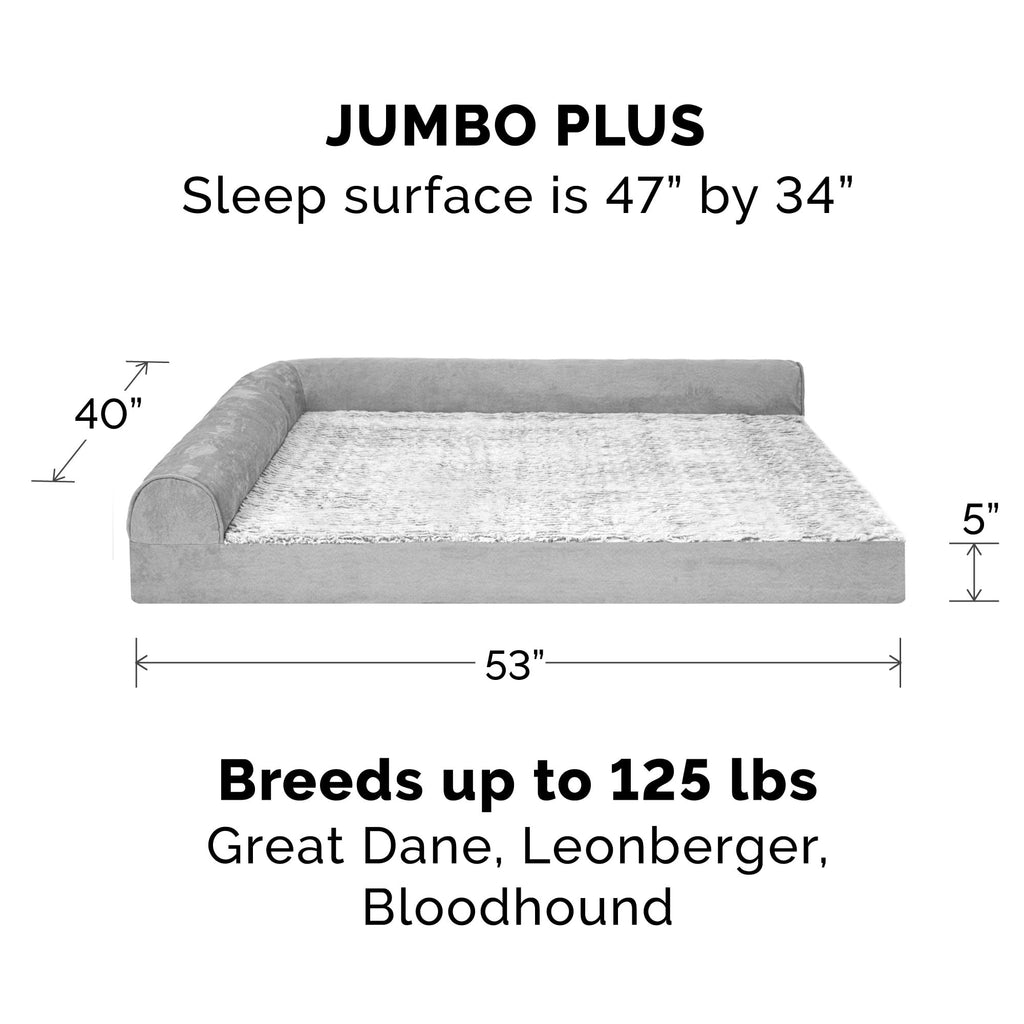 FurHaven Embossed Faux Fur & Suede Orthopedic Deluxe L-Chaise Pet Bed for Dogs & Cats - Gray, Jumbo Plus