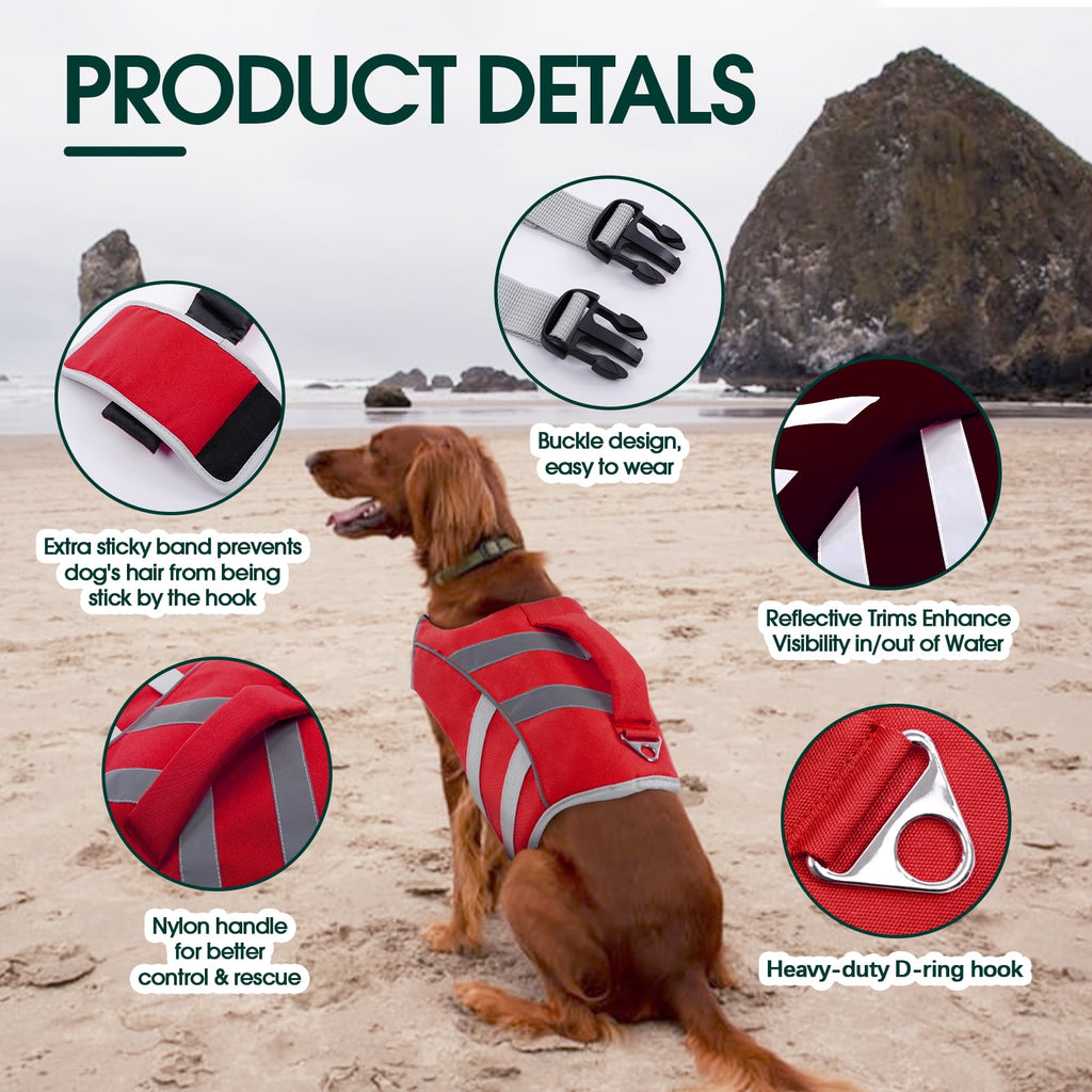Kuoser Dog Life Jacket with Reflective Stripes, Adjustable Dog Life Vest, Red, M