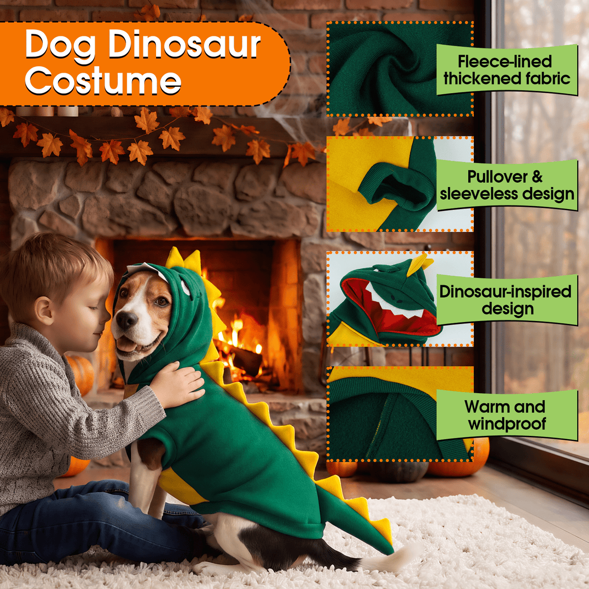 Kuoser Dog Dinosaur Halloween Costume, Funny Fleece Hoodie for Medium Dogs, Orange, M