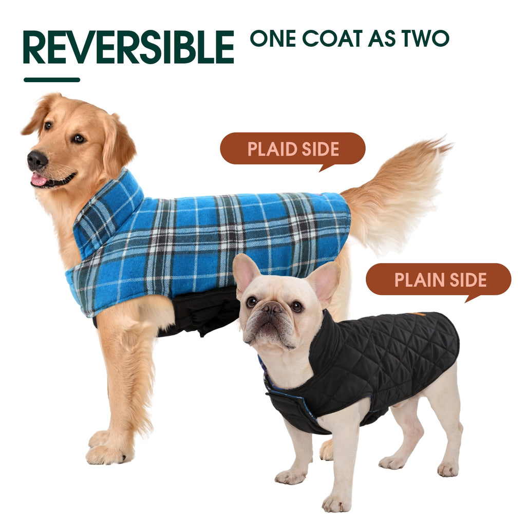 Kuoser Reversible Dog Coat Adjustable British Style Plaid Pet Jacket, Waterproof and Windproof, Blue, M
