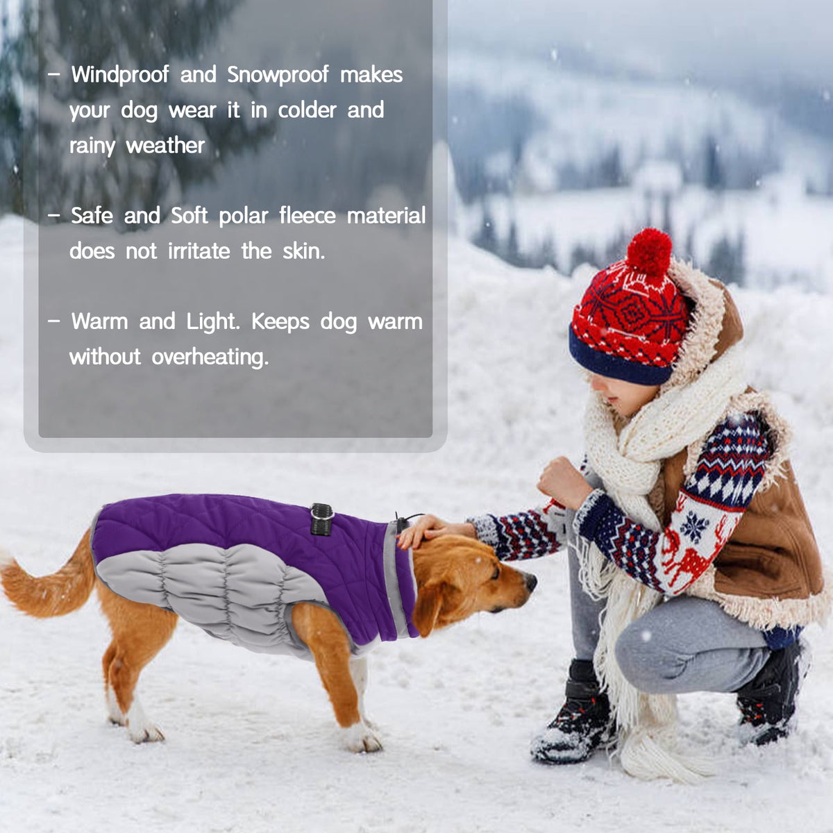 Kuoser Dog Winter Coat, Waterproof Windproof Fleece Padded Jacket with Reflective Trim and Leash Ring for Small Dogs, Purple, S