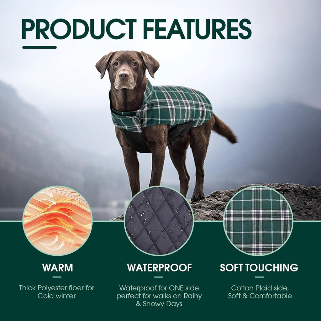 Kuoser Reversible Dog Coat Adjustable British Style Plaid Pet Jacket, Waterproof and Windproof, Blue, M
