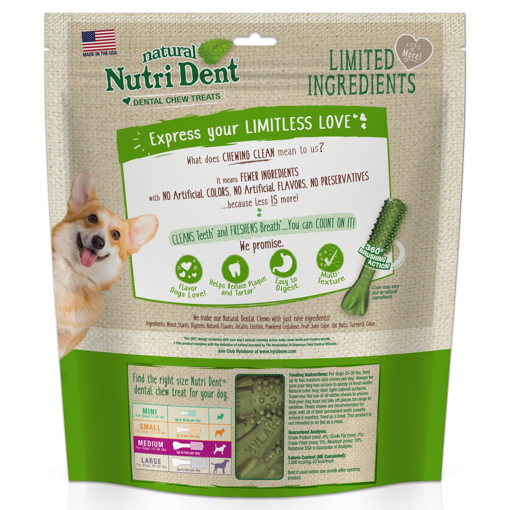 Nylabone Nutri Dent Natural Dental Chews for Dogs, Limited Ingredient Dog Treats, Teeth Cleaning Dental Sticks for Dogs, Fresh Breath Flavor, For Medium Dogs (40 Count)