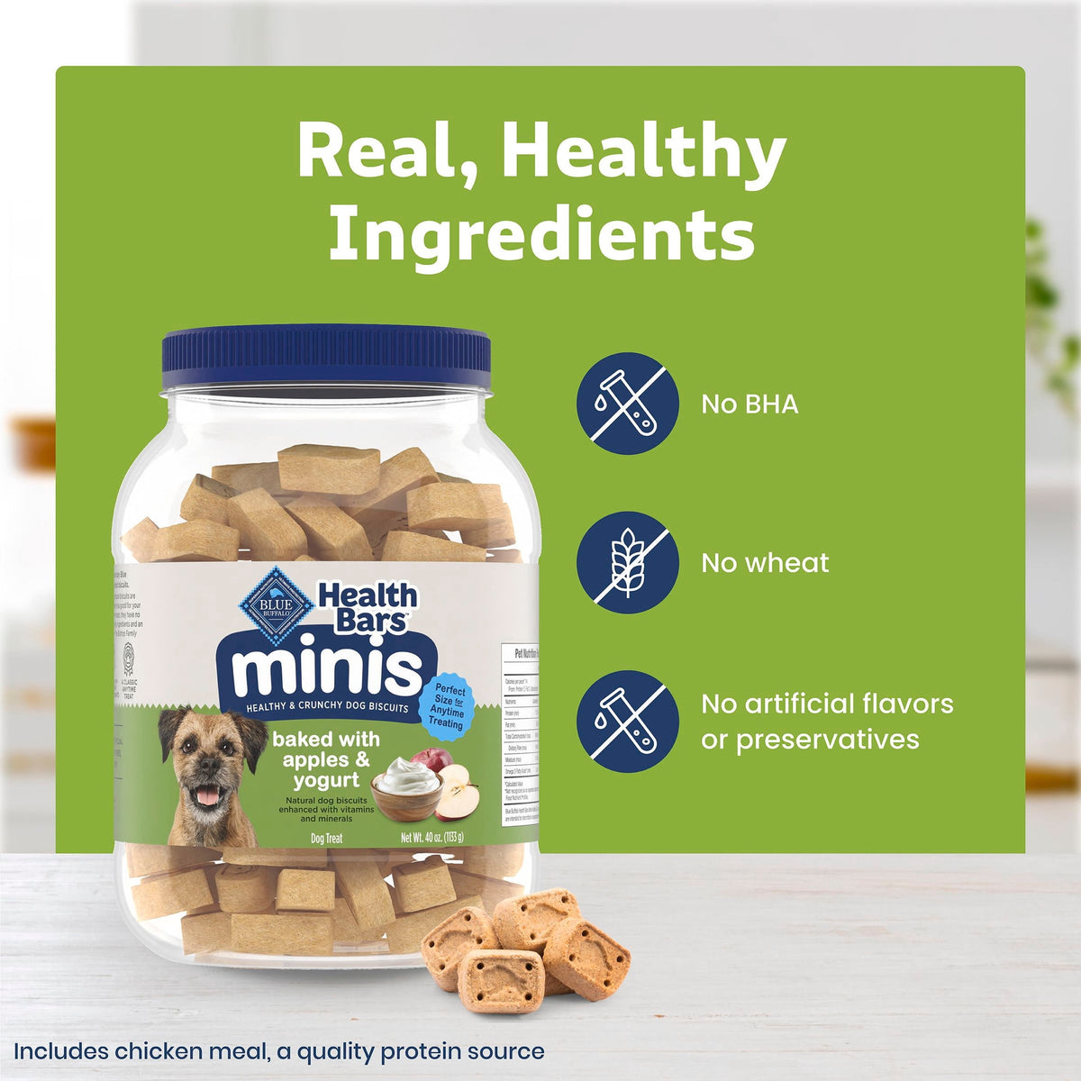 Blue Buffalo Health Bars Mini Dog Treats, Crunchy Biscuits, Apples & Yogurt, 40oz Tub