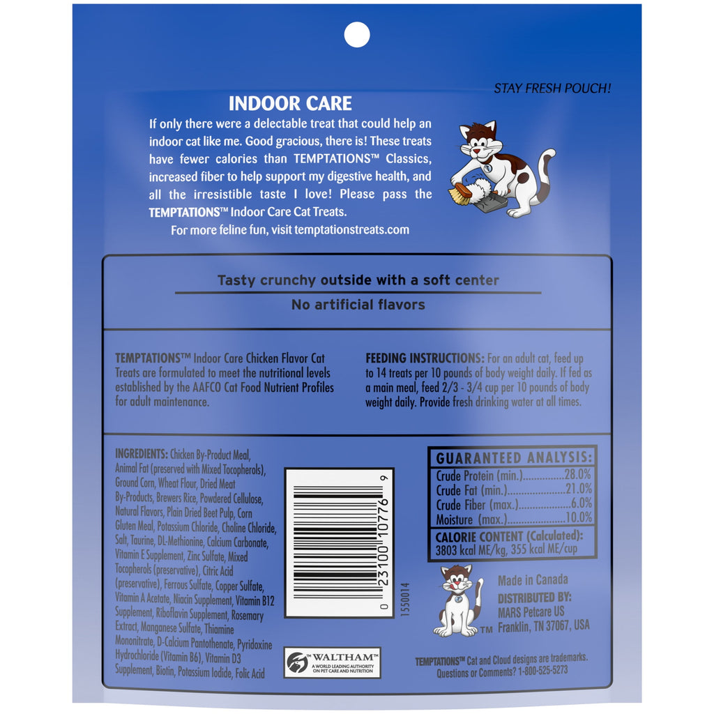 Temptations Indoor Care Chicken Flavor Crunchy and Soft Cat Treats, 4.9 oz Pouch