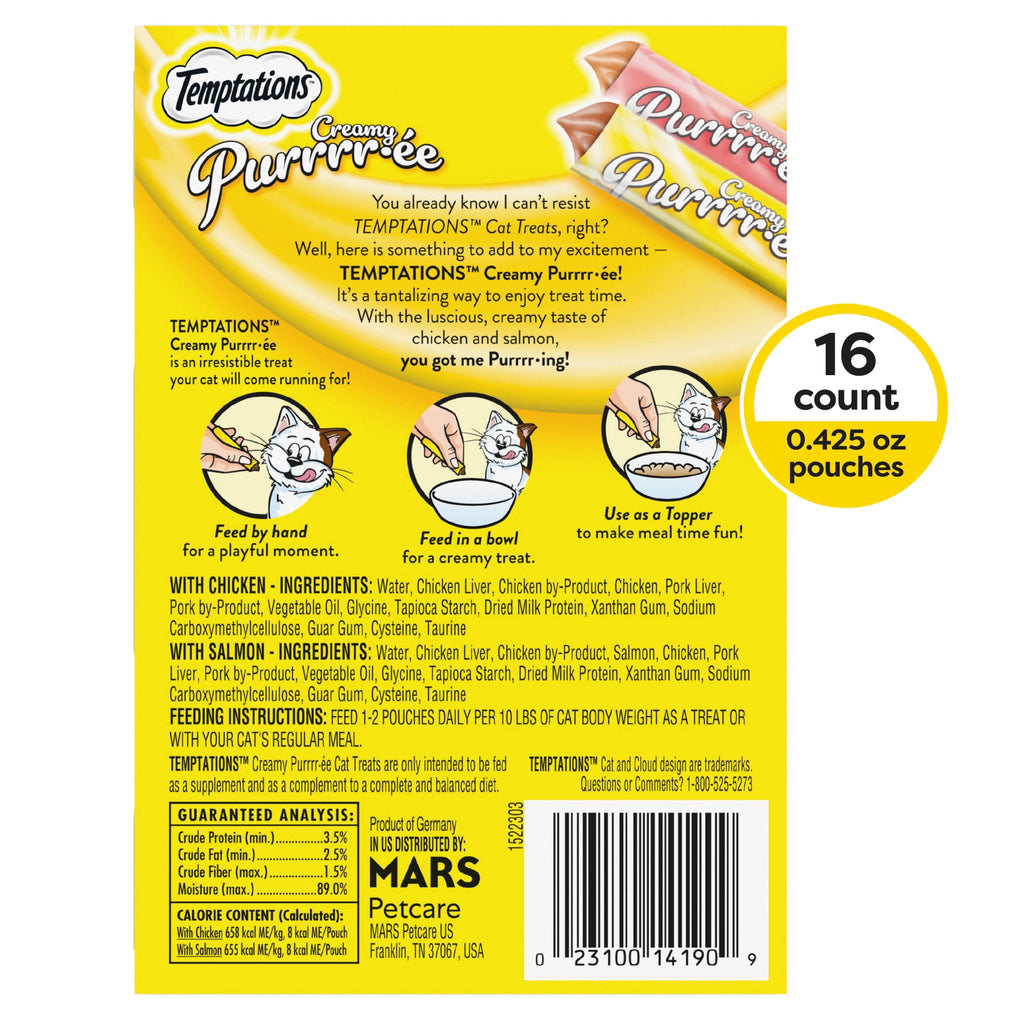 Temptations Creamy Puree Salmon and Chicken Flavor Crunchy Treats for Cats, 6.7 oz Pouches (16 Pack)