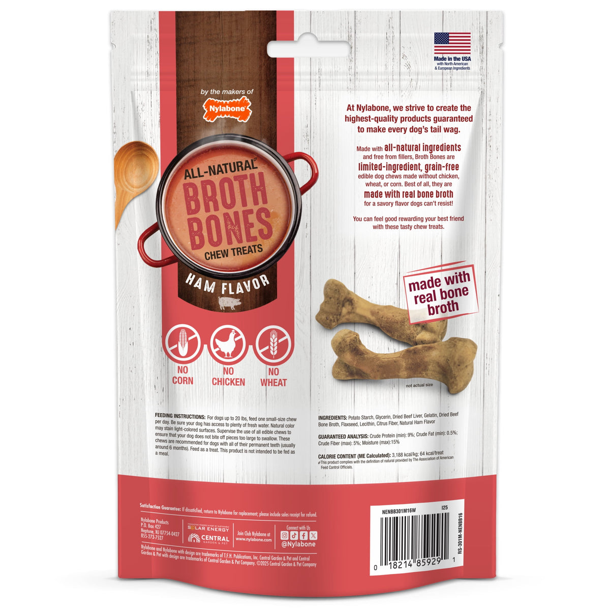Nylabone Broth Bones Natural Dog Treats for Dogs, Bone Broth Dog Bones, Ham Flavor, For Large Dogs (1 Count)