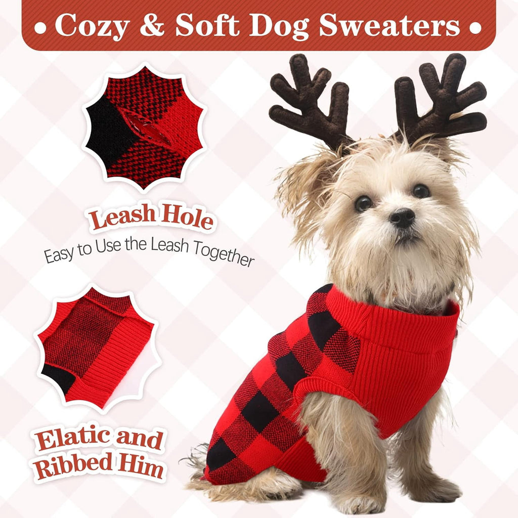 Kuoser Classic Plaid Dog Sweater Warm Pullover Knitwear for Small Medium Dogs, Red, S