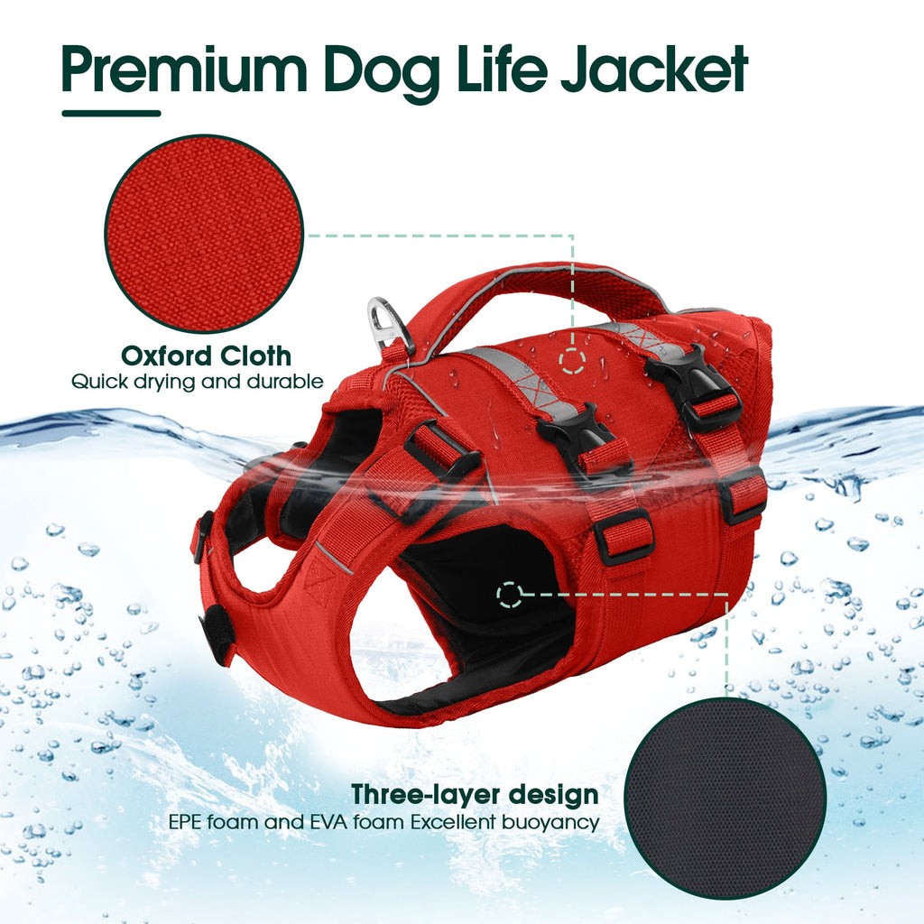 Kuoser Dog Life Jacket, High Flotation Dog Life Vest for Swimming Boating, Red, S