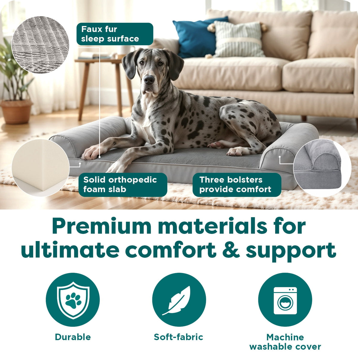 FurHaven Pet Products Luxe Fur & Performance Linen Orthopedic Sofa Pet Bed for Dogs & Cats - Charcoal, Jumbo Plus