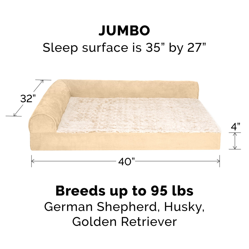 FurHaven Embossed Faux Fur & Suede Orthopedic Deluxe L-Chaise Pet Bed for Dogs & Cats - Gray, Jumbo Plus