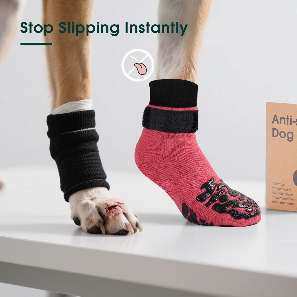Kuoser Non-Slip Dog Socks for Hardwood Floors & Hot Pavement, Adjustable Pet Socks to Stop Licking and Slipping, Black, M