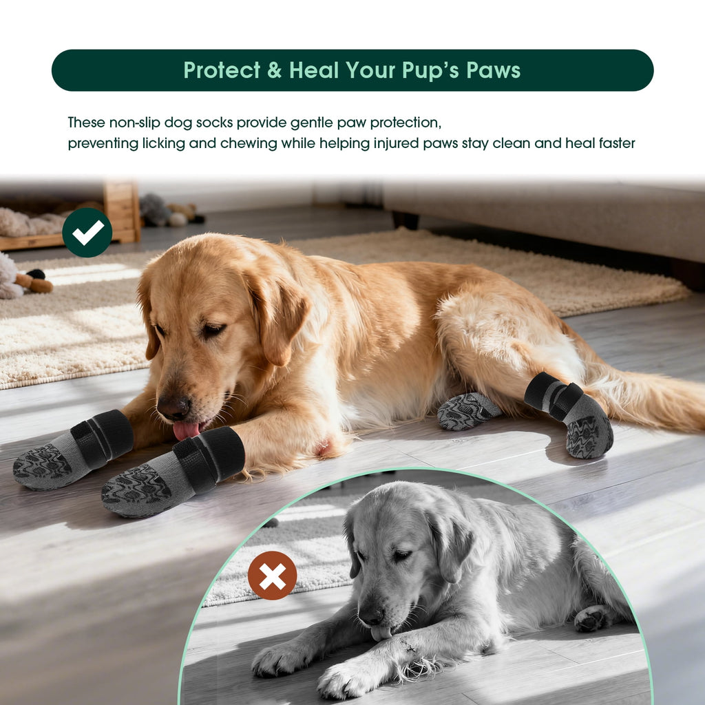 Kuoser Anti-Slip Dog Socks with Double-Sided Traction, 4 Piece Pet Booties for Senior, Dog Paw Protector for Hardwood Floors, Hot Pavement and hot/icy surfaces, Brown, L
