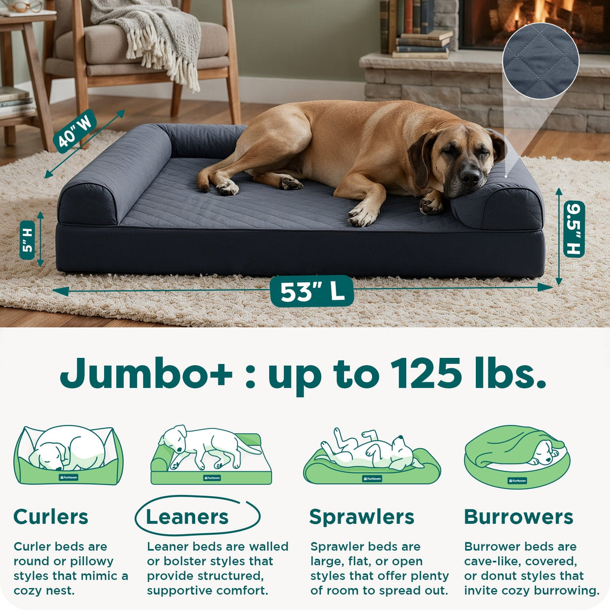 FurHaven Classic Sofa Orthopedic Dog Bed For Large Dogs, Solid Orthopedic Foam Slab for Joint Support, Removable Washable Cover, Jumbo Plus/XXL, Quilted Sofa, Ensign Blue