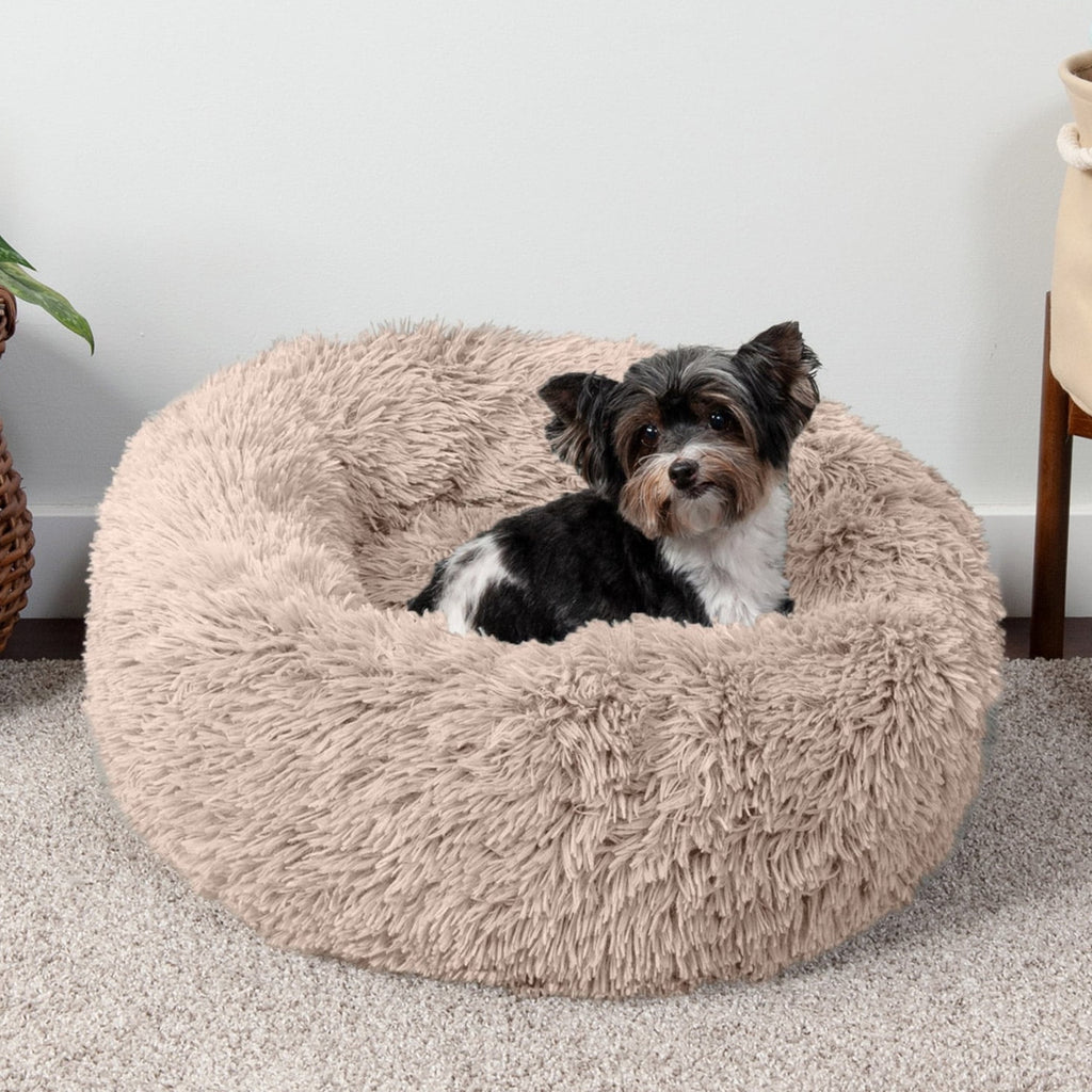 Furhaven 23" Round Calming Donut Dog Bed with Washable & Removable Cover & Bolster - Shaggy Plush Long Faux Fur Ball Bed - Taupe, For Dogs Up to 20 lbs, Small