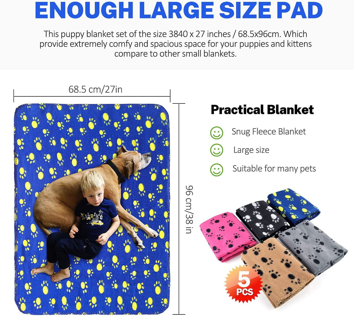 Livhil 5 Pack Large Fleece Dog Blanket, 38x 27 inch Fluffy Cat Puppy Blanket, Soft Pet Blanket Sleep Mat Bed Cover with Color Paw Printing for Home Using