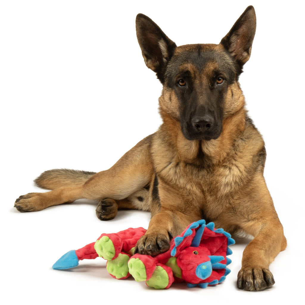 goDog Dino Frills Squeaky Plush Toy for Dogs with Chew Guard Technology for Stronger & Longer Play, Soft & Durable with Built-In Squeaker, Red, Large
