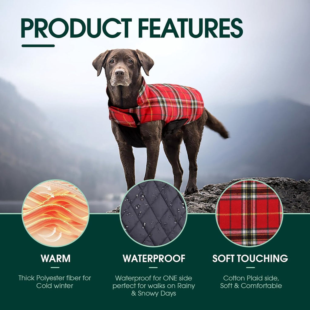 Kuoser Reversible Dog Coat Adjustable British Style Plaid Pet Jacket, Waterproof and Windproof, Blue, M