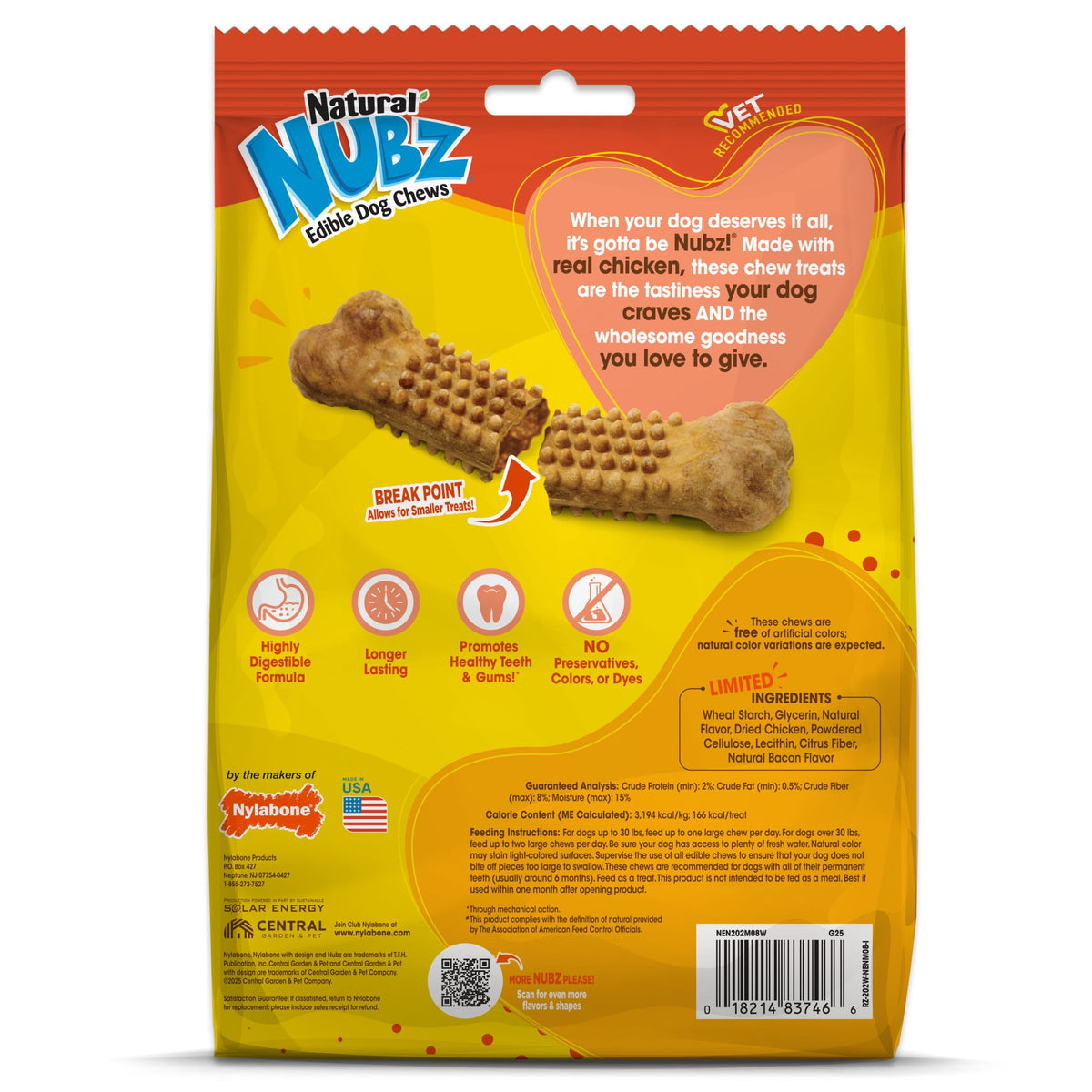 Nylabone Nubz Natural Dog Treats for Large Dogs, Chicken Flavor Dog Bones, Large - 30+ lbs., 14.6 oz Pouch, 8 Count