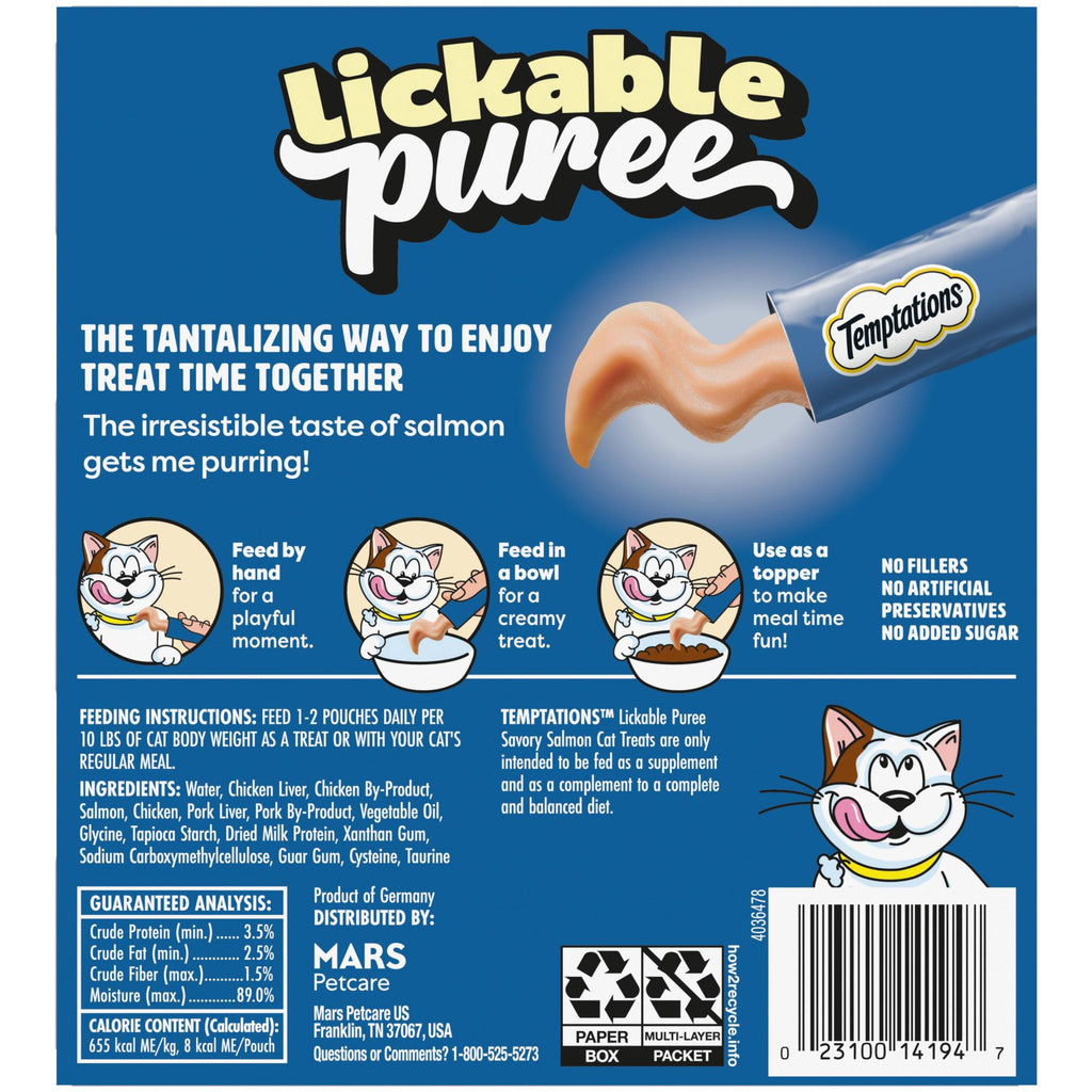 Temptations Creamy Puree With Salmon Squeezable Lickable Wet Treats For Cats, 0.42 Oz (16 Pack)