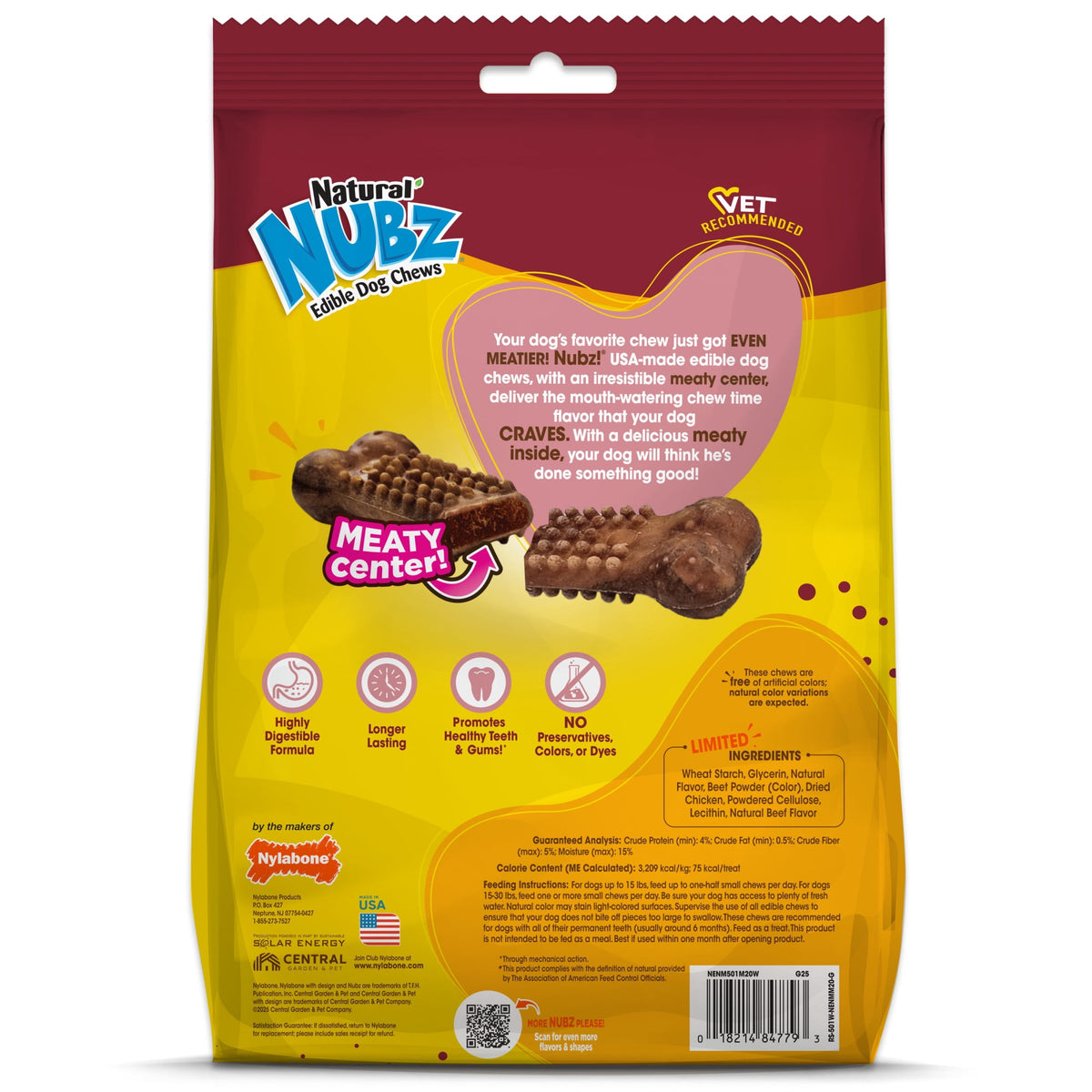 Nylabone Nubz Meaty Center Dog Treats for Small Dogs, Beef Flavor Dog Bones, Small - Up to 30 lbs., 20 Count