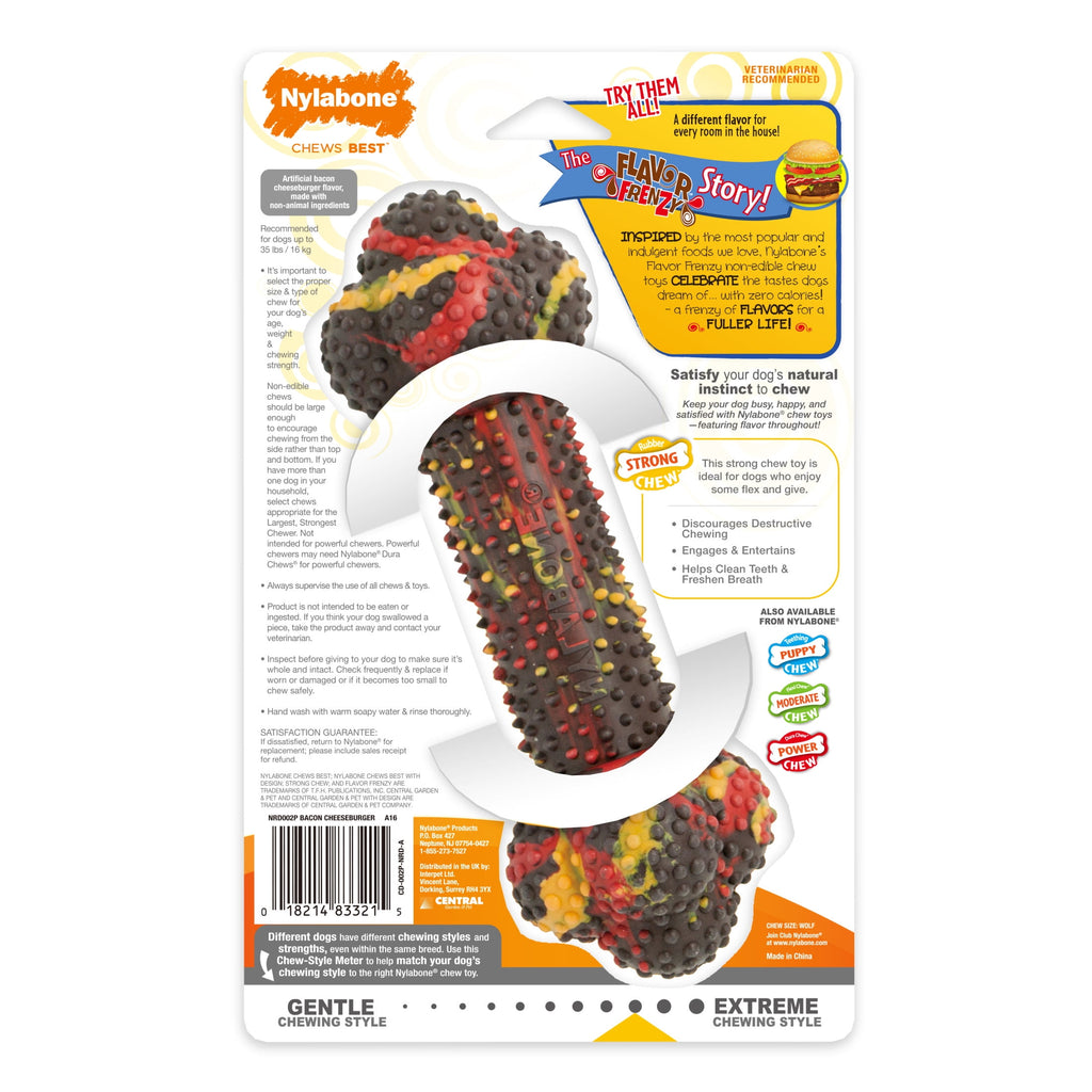Nylabone Strong Chew Double Action Bone Dog Toy, Rubber Dog Chew Toy, Bacon Cheeseburger Flavor, Small, 1 Count