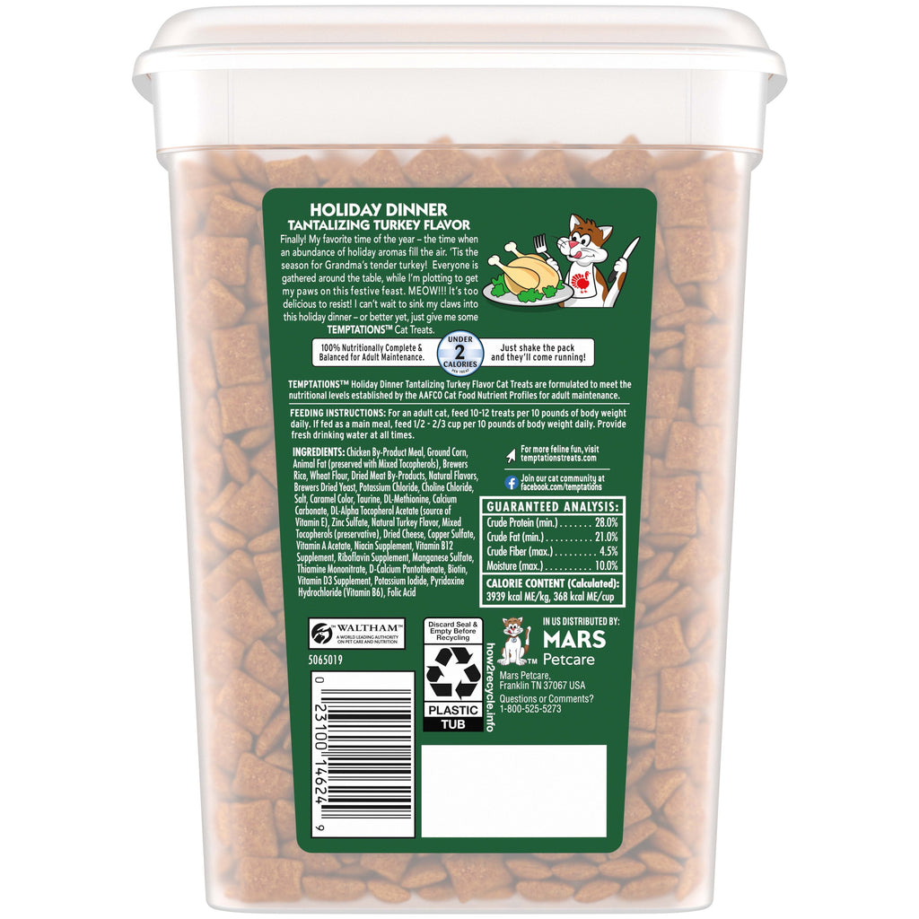 Temptations Classic Crunchy Treats Holiday Dinner Turkey Flavor Cat Treats 16 oz. Tub