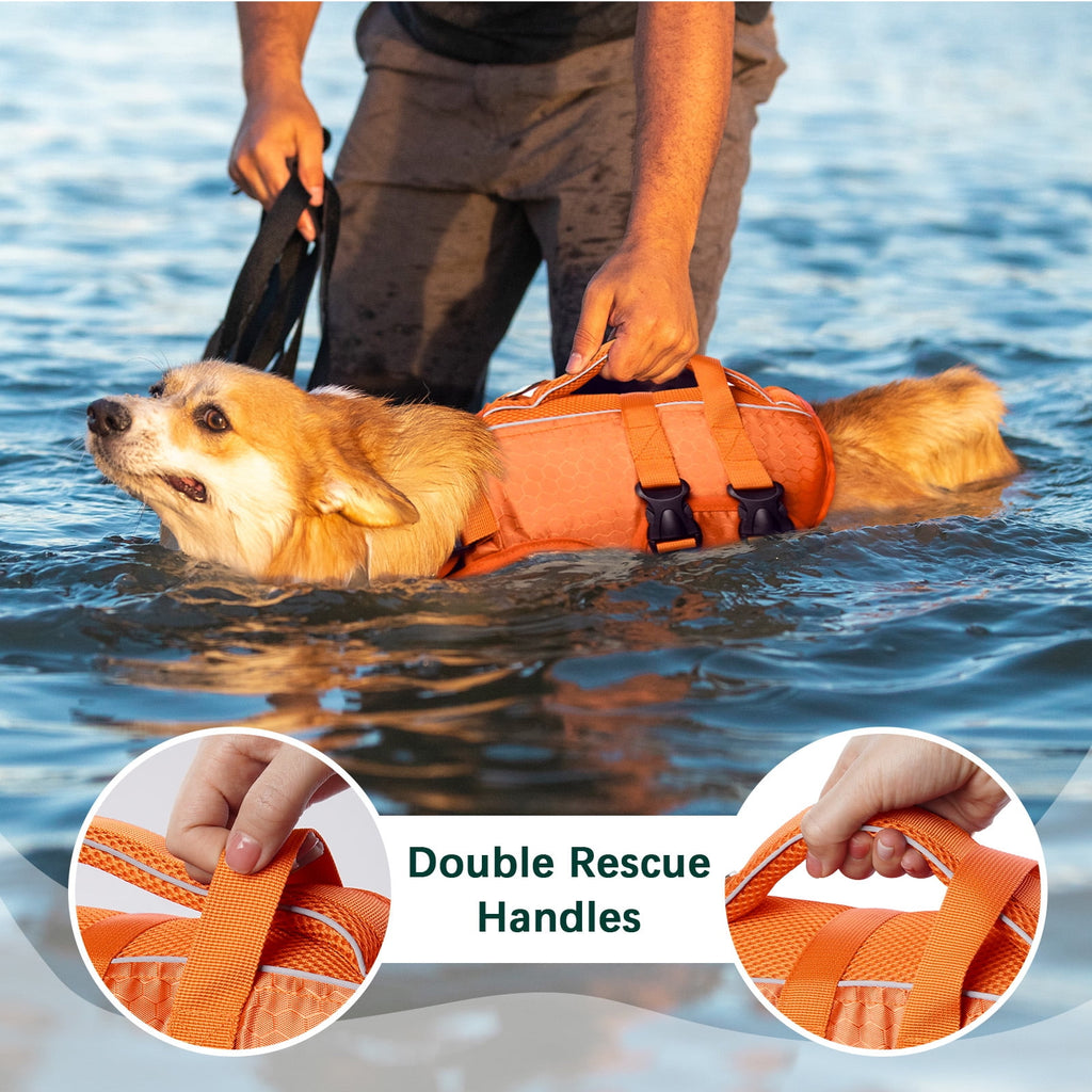 Kuoser Dog Life Jacket, Reflective and Adjustable Dog Life Vest for Small Medium Large Dogs Red, S