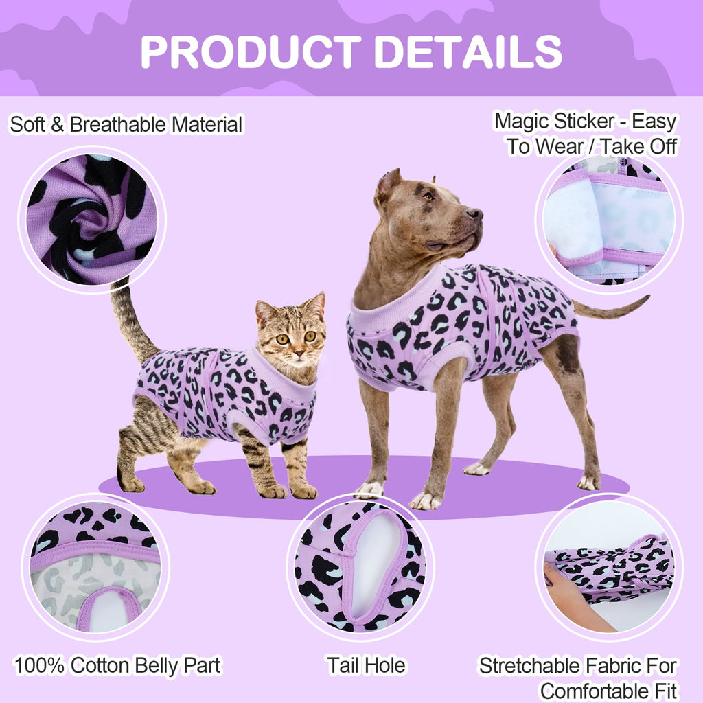 Kuoser Dog Recovery Suit after Surgery, Professional Surgical Onesie for Male Female Dogs, Soft Pet Surgery Suit for Abdominal Wounds Skin Disease, Purple Leopard, XL