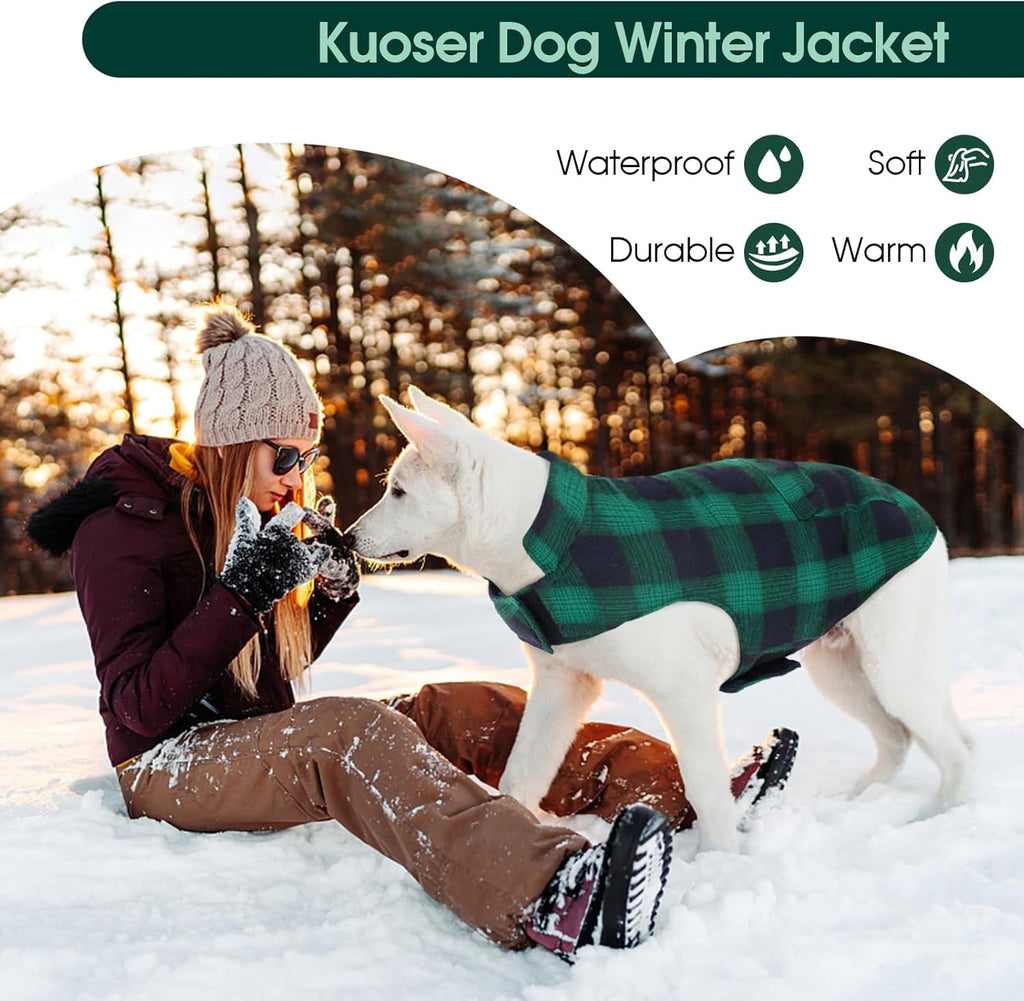 Kuoser Dog Winter Coat, Cozy Fleece Lining Dog Jacket Windproof Waterproof Pet Clothes with Pocket, Red, M