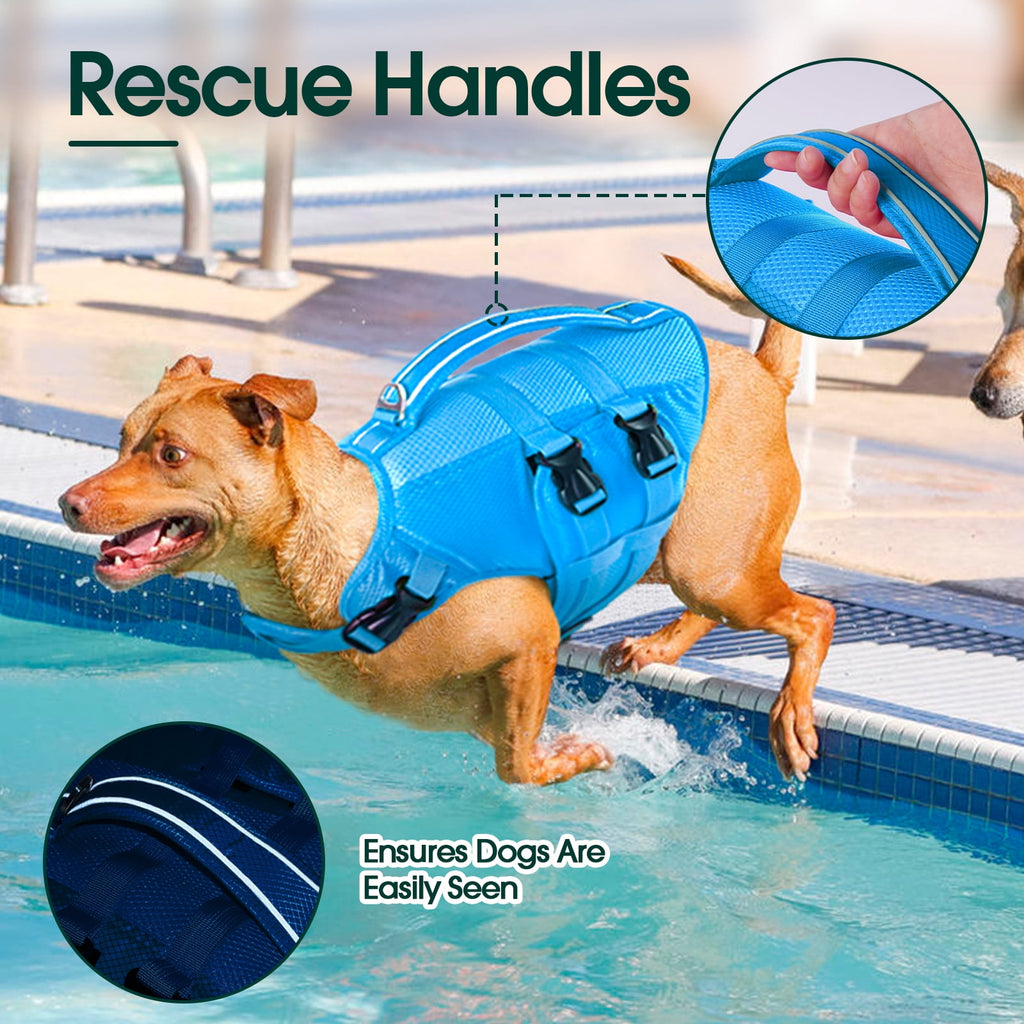 Kuoser Dog Life Jacket, Reflective Life Vest with Rescue Handle for Small Medium Large Dogs, Rosered, L